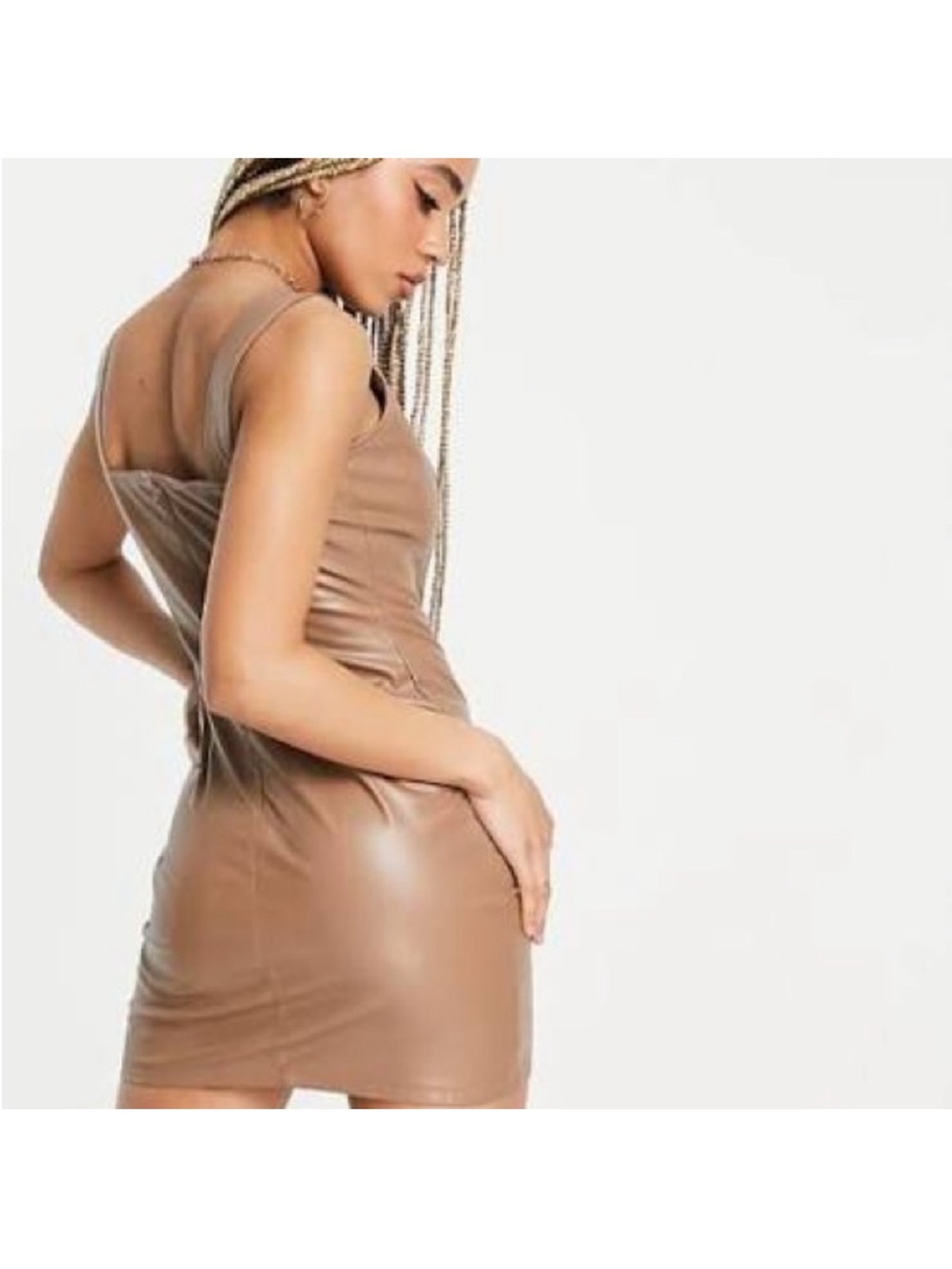PrettyLittleThing Faux Leather Mini Dress in Tan